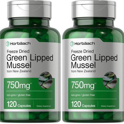 Horbäach Green Lipped Mussel 750 mg - 120 Capsules - New Zealand - Premium Freeze-Dried Mussel Powder - Non-GMO & Gluten Free (Pack of 2)
