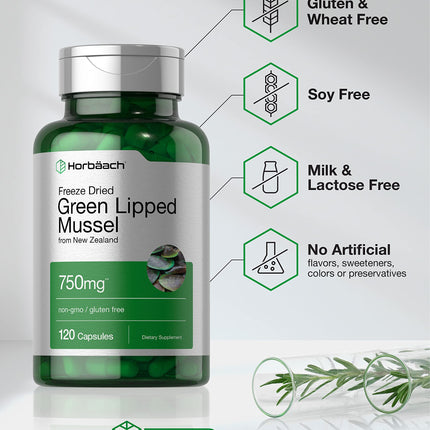 Horbäach Green Lipped Mussel 750 mg - 120 Capsules - New Zealand - Premium Freeze-Dried Mussel Powder - Non-GMO & Gluten Free (Pack of 2)
