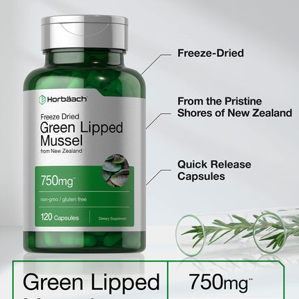Horbäach Green Lipped Mussel 750 mg - 120 Capsules - New Zealand - Premium Freeze-Dried Mussel Powder - Non-GMO & Gluten Free (Pack of 2)
