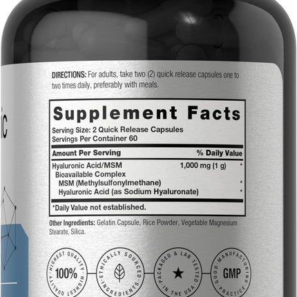Horbäach Hyaluronic Acid with MSM – 1000 mg, 120 Capsules, Non-GMO & Gluten Free (Pack of 2)