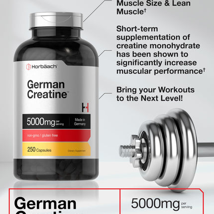 Horbaach German Creatine Monohydrate 5000mg | 250 Capsules | Non-GMO & Gluten Free