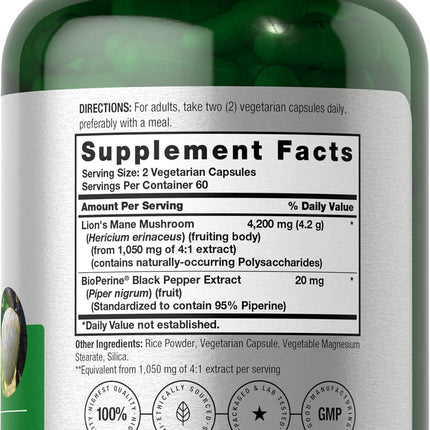 Horbäach Lions Mane Mushroom Extract 4200mg | 120 Veg Capsules | Pack of 2