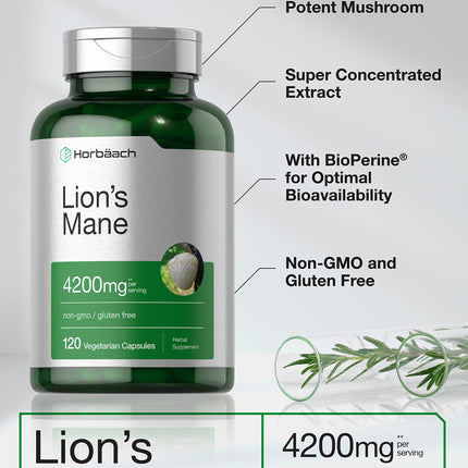 Horbäach Lions Mane Mushroom Extract 4200mg | 120 Veg Capsules | Pack of 2