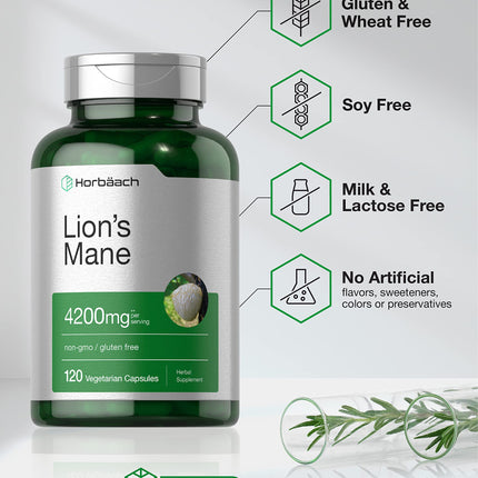 Horbäach Lions Mane Mushroom Extract 4200mg | 120 Veg Capsules | Pack of 2