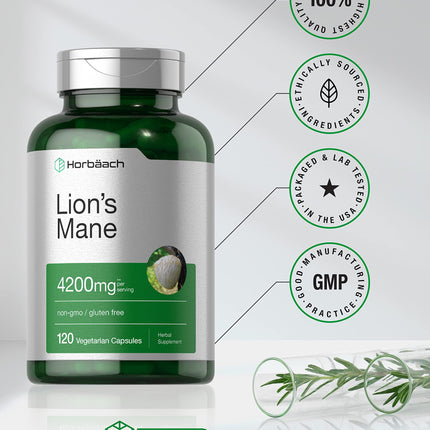 Horbäach Lions Mane Mushroom Extract 4200mg | 120 Veg Capsules | Pack of 2