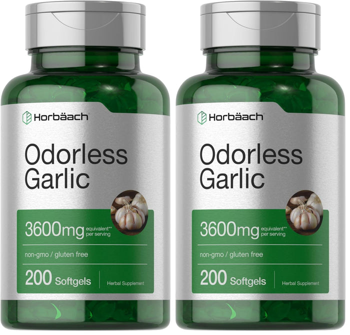 Horbäach Odorless Garlic Softgels 3600 mg | 200 Count | Non-GMO & Gluten Free (Pack of 2)
