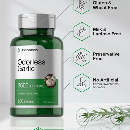 Horbäach Odorless Garlic Softgels 3600 mg | 200 Count | Non-GMO & Gluten Free (Pack of 2)