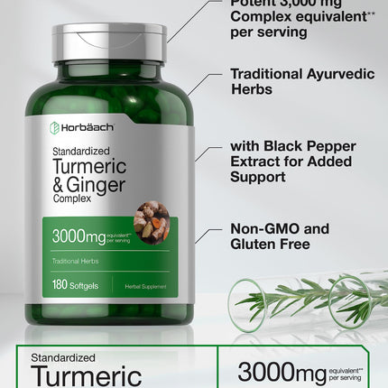 Horbäach Turmeric & Ginger 3000 mg Softgels (180) - Black Pepper - Non-GMO (Pack of 2)