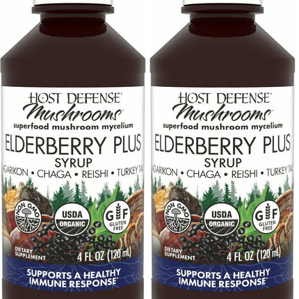 Host Defense Elderberry Plus Syrup - Immune & Respiratory Support Mushroom Supplement with Turkey Tail, Reishi, Agarikon & Chaga | 4 fl oz (12 Servings) Pack of 2