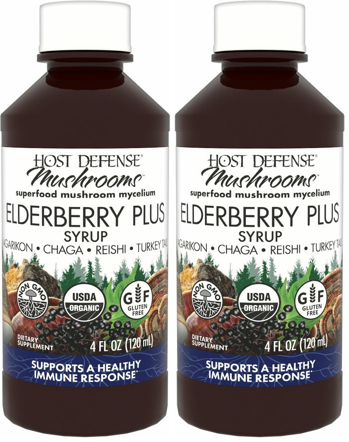 Host Defense Elderberry Plus Syrup - Immune & Respiratory Support Mushroom Supplement with Turkey Tail, Reishi, Agarikon & Chaga | 4 fl oz (12 Servings) Pack of 2