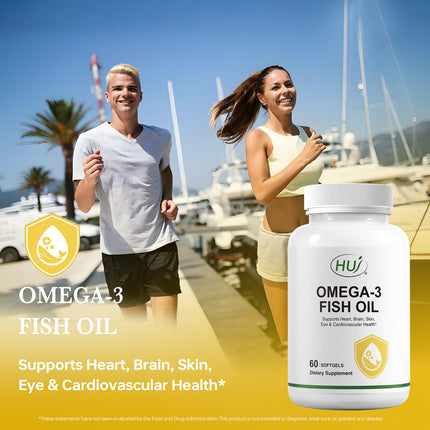 HUJ Omega 3 Fish Oil 1000mg Softgels – EPA+DPA, Heart, Brain, Skin, Eyes & Cardiovascular Support | 60 Softgels