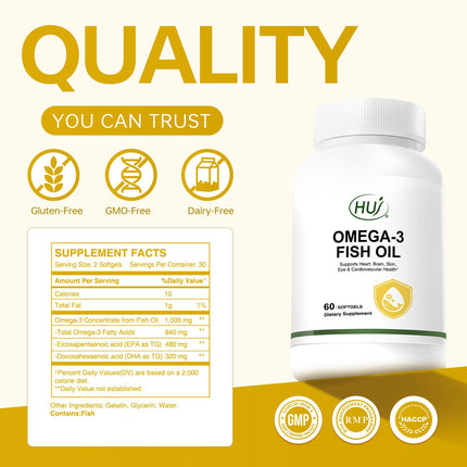 HUJ Omega 3 Fish Oil 1000mg Softgels – EPA+DPA, Heart, Brain, Skin, Eyes & Cardiovascular Support | 60 Softgels