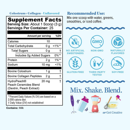 Colostrum Collagen Peptide Powder with HydroPeach – Gut Health, Skin & Immune Support | 25 Servings | Unflavored