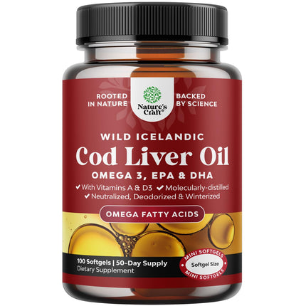 Icelandic Wild Caught Cod Liver Oil Softgels - 1000mg Omega-3 (EPA/DHA) + Vitamins A & D