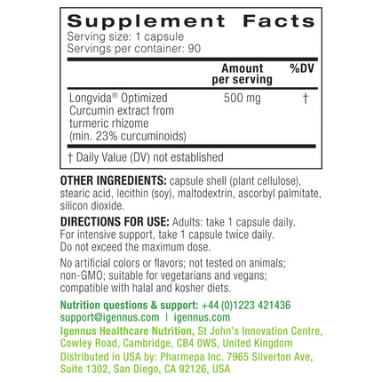 Igennus Longvida Curcumin 500mg – Ultra Bioavailable, 65x Plasma Levels, 90 Vegan Capsules