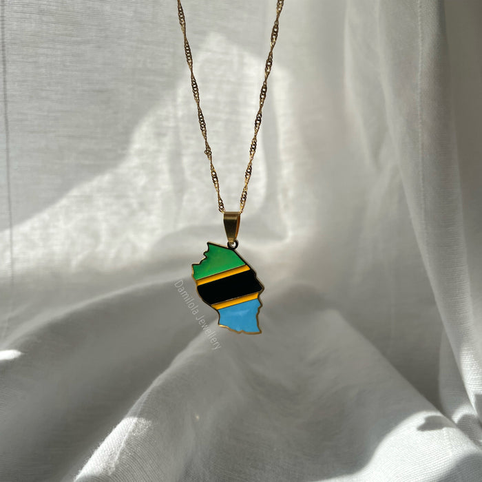 Tanzania Flag Map Necklace - Gold/Silver