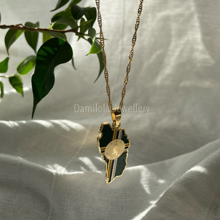 Dominica Flag Map Necklace - ‘After God The Earth’ gold/silver