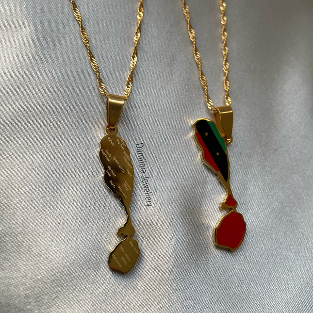 St Kitts and Nevis Map Flag Necklace - Coloured Flag - Silver/Gold