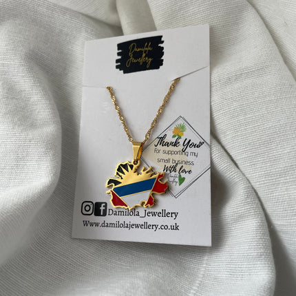 Antigua and Barbuda Flag Map Necklace - Gold/Silver