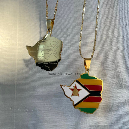 Zimbabwe Flag Map Necklace 🇿🇼 - Gold/Silver