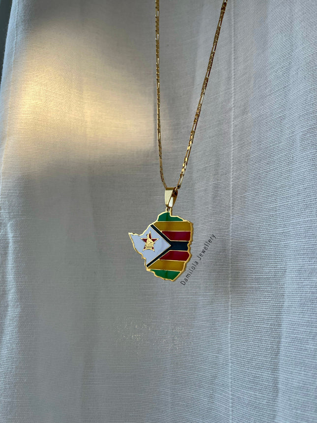 Zimbabwe Flag Map Necklace 🇿🇼 - Gold/Silver