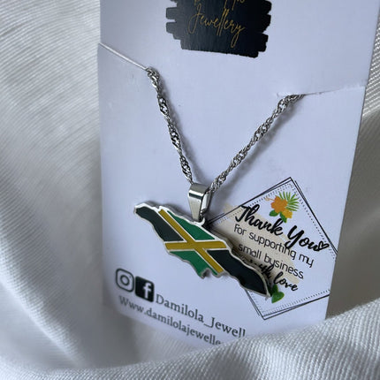 Jamaica Flag Map Necklace - Gold/Silver - Out Of Many One People'