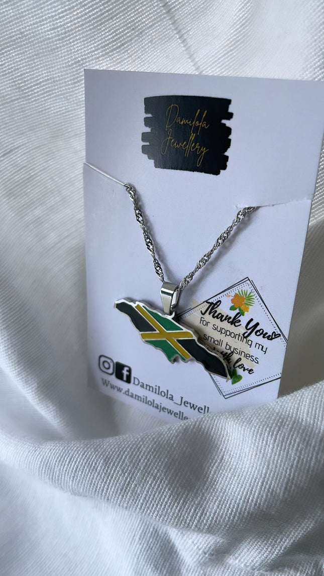 Jamaica Flag Map Necklace - Gold/Silver - Out Of Many One People'