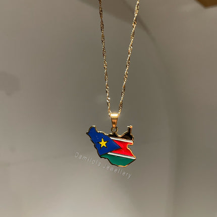 South Sudan Flag Map Necklace 🇸🇸 gold