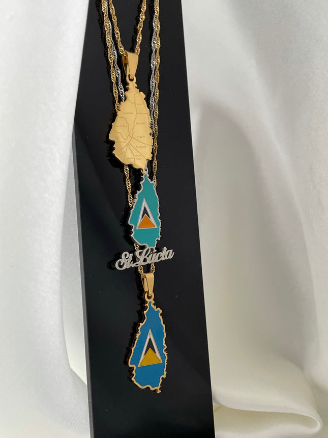 St. Lucia Engraved Map Necklace - Silver/Gold - The Land, the people, the light”