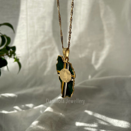 Dominica Flag Map Necklace - ‘After God The Earth’ gold/silver