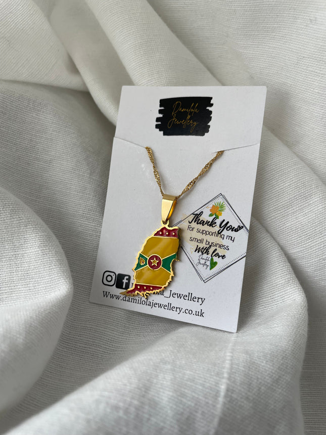 Grenada Flag Map Necklace - Gold/Silver