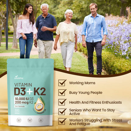 Vitamin D3 + K2 10000 IU with MK-7 (300 mcg) Coconut Oil Softgels