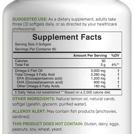 DEAL SUPPLEMENT Omega 3 Fish Oil – 3,000 mg per Serving, 240 Softgels, Burpless Lemon