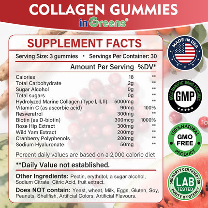 inGreens Collagen Gummies 5000mg – Sugar Free, Biotin, 90 Count