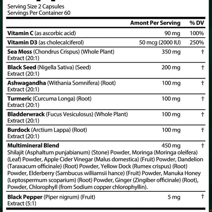 Sea Moss + Black Seed Oil Capsules with Ashwagandha & Ginger – Organic Multimineral Sea Moss (120 Capsules) USA
