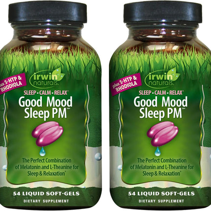 Irwin Naturals Good Mood Sleep PM – 54 Liquid Soft-Gels (Pack of 2) with Melatonin & L-Theanine for Rest & Relaxation | 36 Total Servings