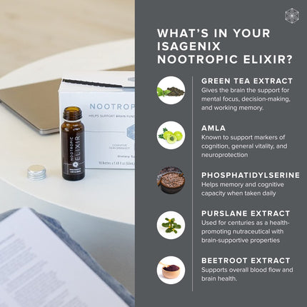 Isagenix Nootropic Elixir – Brain Health & Focus Supplement | Green Tea Extract | 1.69 oz Bottles (10 Count)