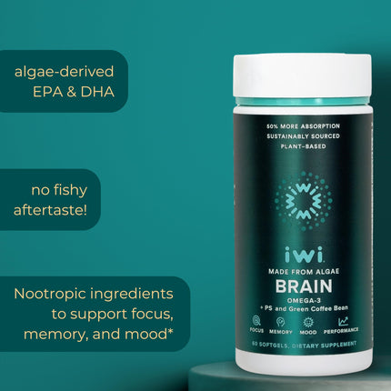 Iwi Life Brain Omega-3 – 60 Softgels, Vegan Algae EPA+DHA for Focus, Memory & Mood