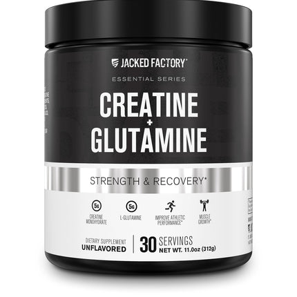 Jacked Factory Creatine + Glutamine – Creatine Monohydrate + L-Glutamine for Muscle Recovery, Strength, and Gut Health | 30 Servings, Unflavored