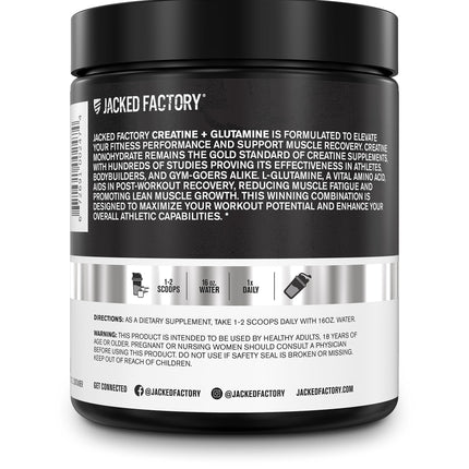 Jacked Factory Creatine + Glutamine – Creatine Monohydrate + L-Glutamine for Muscle Recovery, Strength, and Gut Health | 30 Servings, Unflavored