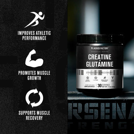 Jacked Factory Creatine + Glutamine – Creatine Monohydrate + L-Glutamine for Muscle Recovery, Strength, and Gut Health | 30 Servings, Unflavored