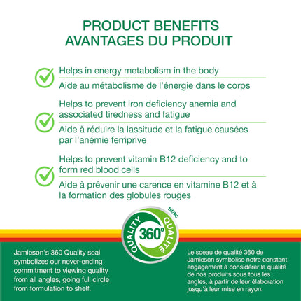 Jamieson Iron + Vitamin B12, 45 Chewable Tabs | Mango Lime Flavor | Gluten-Free