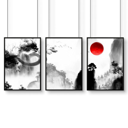 Japanese dragons art | set of 3 wall art for Home office decor