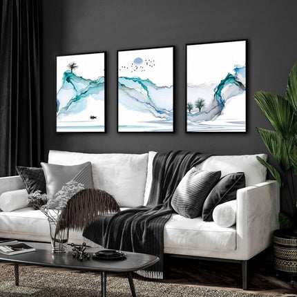 Art print set of 3 | Teal Japanese wall art print for living room