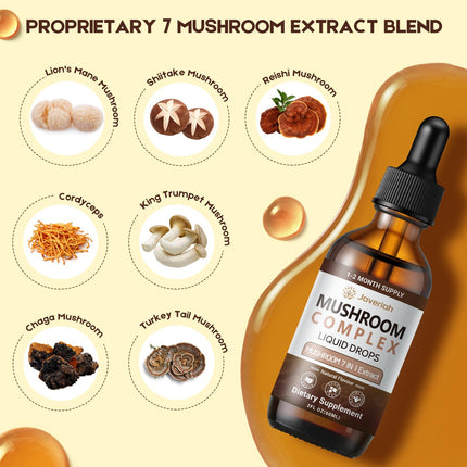 Javeriah Mushroom Complex Liquid Drops 7-in-1 | Lion's Mane, Reishi, Turkey Tail, Shiitake, Cordyceps, Chaga, King Trumpet 4 fl oz (2 Pack)