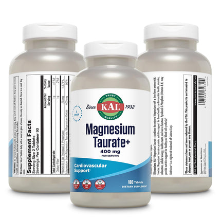 KAL Magnesium Taurate Plus 400mg with Coenzyme B6 – Vegan, Gluten Free, 180 Tablets