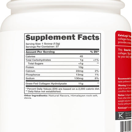 Ketologic Grass-Fed Collagen Hydrolysate Powder (Vanilla) | 1 lb, 37 Servings