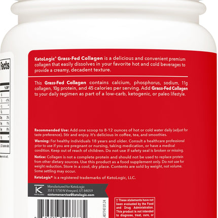 Ketologic Grass-Fed Collagen Hydrolysate Powder (Vanilla) | 1 lb, 37 Servings