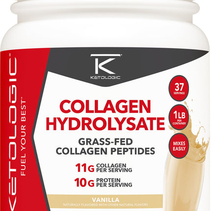 Ketologic Grass-Fed Collagen Hydrolysate Powder (Vanilla) | 1 lb, 37 Servings