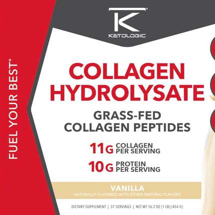Ketologic Grass-Fed Collagen Hydrolysate Powder (Vanilla) | 1 lb, 37 Servings